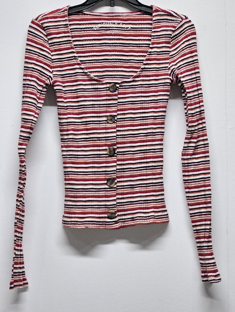 Aero Seriously Soft Knit Cropped Striped Top  S Pink Buttons Ribbed Y2K Fitted